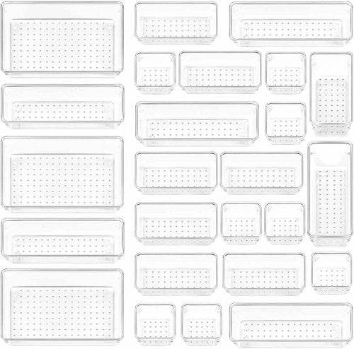 Clear Plastic Drawer Organizer Set by [Brand Name] - 25 Versatile Storage Bins & Trays | Non-Slip for Bathroom, Kitchen & Office