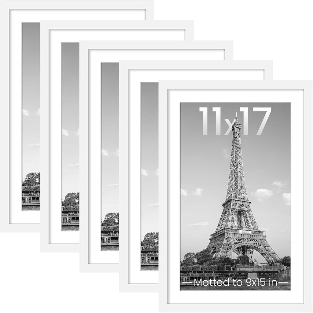 Upsimples 11x17 Picture Frame Set of 5 - Display 9x15 or 11x17 Photos | Elegant White Wall Gallery