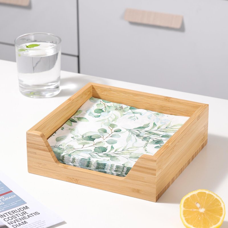 Bamboo Napkin Holder, 7.36" x 7.36" x 2.16" Napkin Holder for Table with Large Side Opening for Easy Access, Large Storage Square Napkin Dispenser, Home Kitchen Dining Tabletop Decor