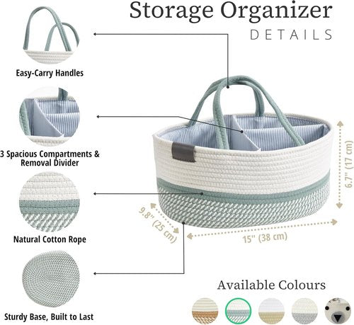 DECOMOMO Baby Caddy Organizer - Large Diaper Basket for Baby Shower | Sage Green & White Design