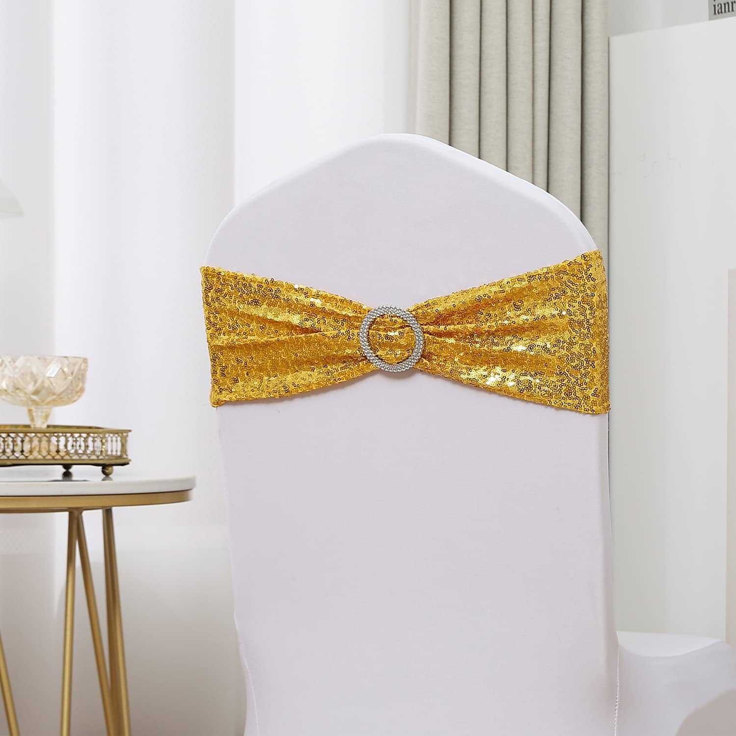 Skiennix Spandex Sequins Chair Sashes - Gold Chair Bands with Buckles for Weddings & Parties | Pack of 50