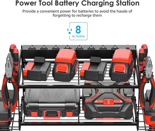 CCCEI Garage Tool Storage - Power Tool Battery Organizer with Charging Station | Wall-Mount Rack for 4 Drills - Black