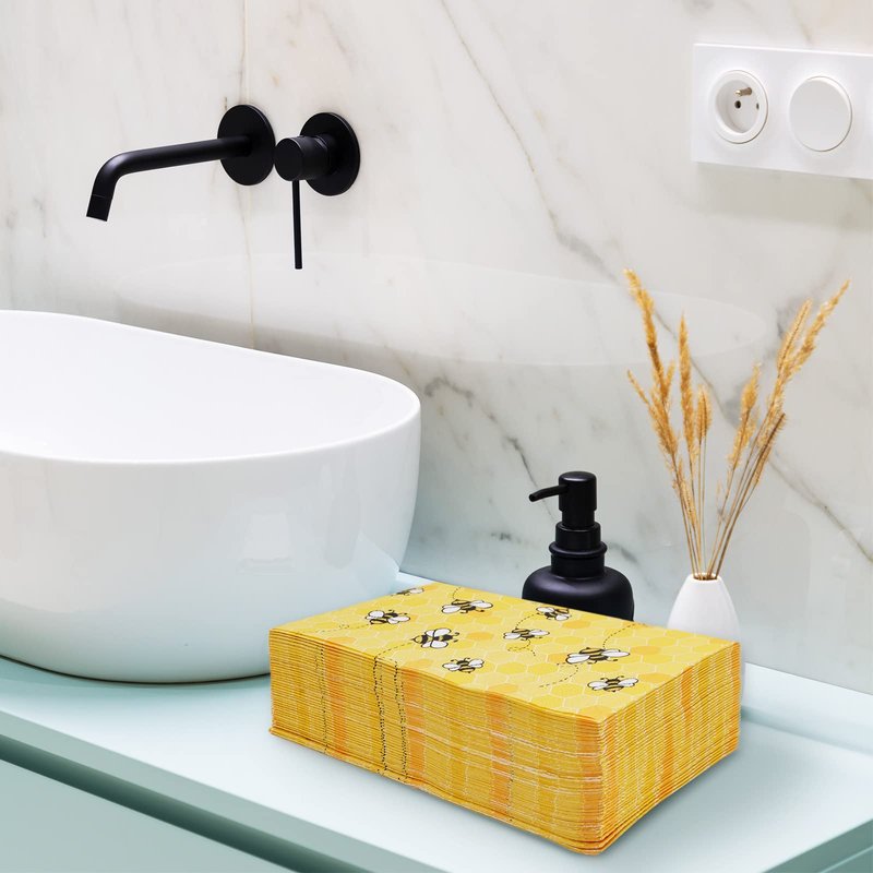 Whaline Bee Guest Napkins 3 Ply Disposable Paper Pack Yellow Honeycomb Dinner Hand Napkin Towel for Happy Bee Day Summer Spring Wedding Birthday Party Table Decorations, 80Pcs