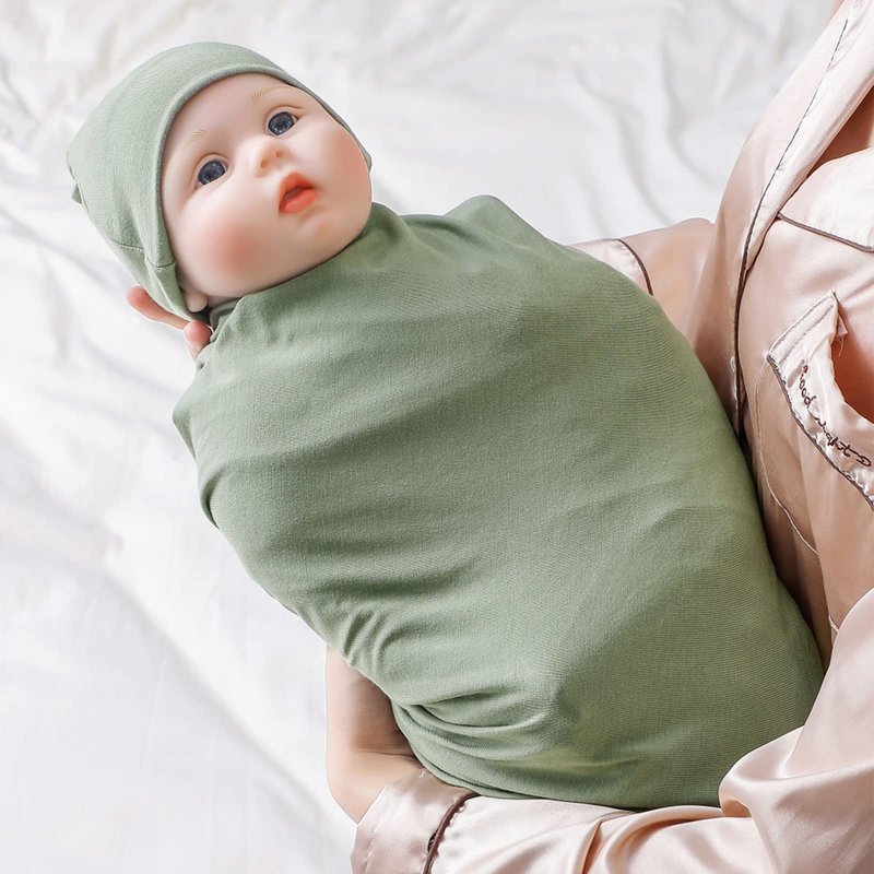 Bayceen Large Rayon Jersey Knitted Swaddle Blanket for Baby, Soft Stretchy Receiving Blanket for Newborns with Hat, Large 47 x 47 inches (Sage)