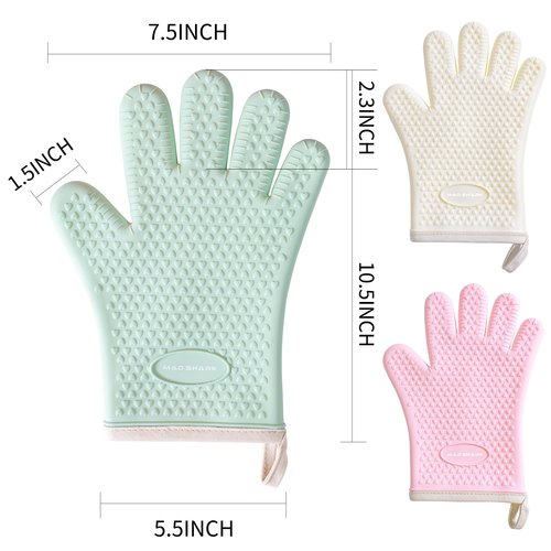 MAD SHARK Silicone Oven Mitts Heat Resistant 450 Degrees,Waterproof & Non-Slip Oven Gloves with Fingers,Cotton Lined Silicone Oven Gloves Kitchen Mitts for Baking Cooking Barbecue,Women (Green)