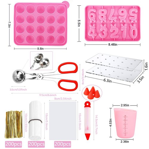GZMAISULEE Cake Pop Molds Kit 610PCS Lollipop Cake Pop Maker Set with Cake Pop Stand, Cake Pop Sticks and Wrappers, Decorating Pen, 4 Piping Tips, Measuring Cup, Pink