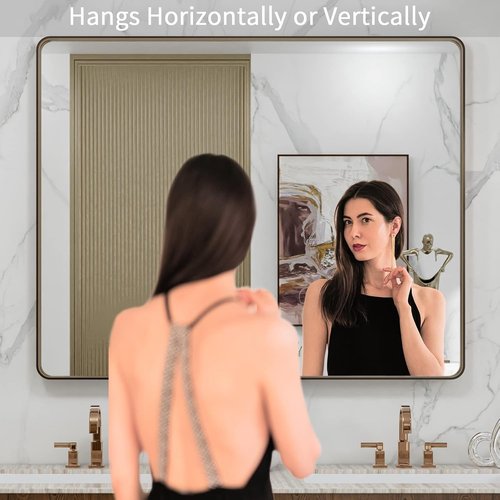LOAAO Bronze Bathroom Mirror - 40”X32” Rounded Rectangle with Anti-Rust Brushed Metal Frame | Versatile Hanging Options