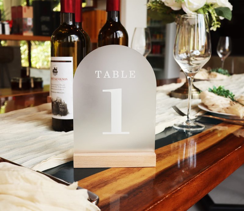 ORGANTEAM Wedding Table Numbers 1-20, Acrylic Arch Signs with Natural Wood Stands Holders, Rustic Table Decor for Reception & Parties (Frosted White)