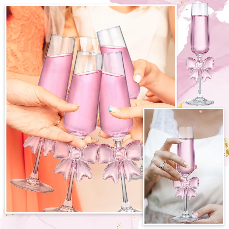 Reallnaive Wedding Champagne Flutes, 2 Pcs Pink Bow Coquette Glasses with Reinforced Stems, 8 oz Cute Feet Champagne Glasses for Wedding Engagement Bridal Shower Party Gifts(Cute Feet)