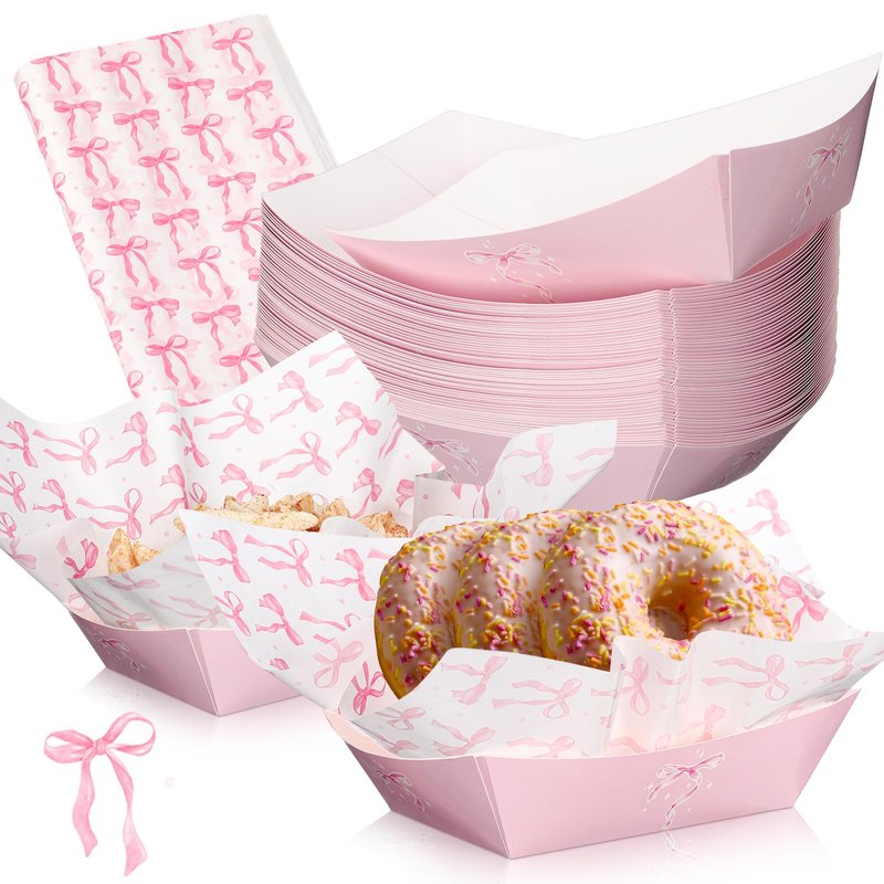 Geosar 100 Pcs Coquette Bow Paper Food Trays Bulk Bow Party Supplies Birthday Decor Disposable Food Boat Trays with Wax Paper Sheet Wrapping for Wedding Bridal Party Supplies(Pink)