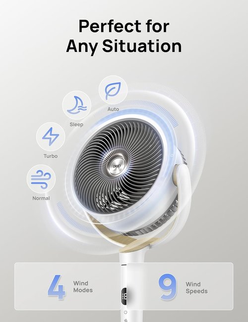 Dreo Oscillating Standing Fan - Quiet 120° Pedestal Fan with 9 Speeds & Adjustable Height (37-42") - White