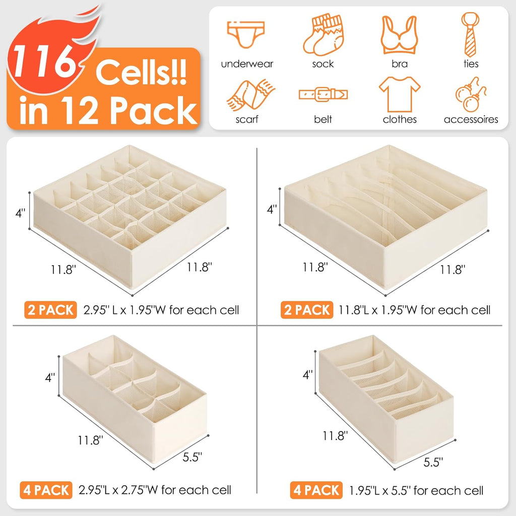 Skiennix Baby Clothes Organizer - 12 Pack Fabric Foldable Dresser Storage Bins for Nursery | 116 Cells for Clothing & Accessories