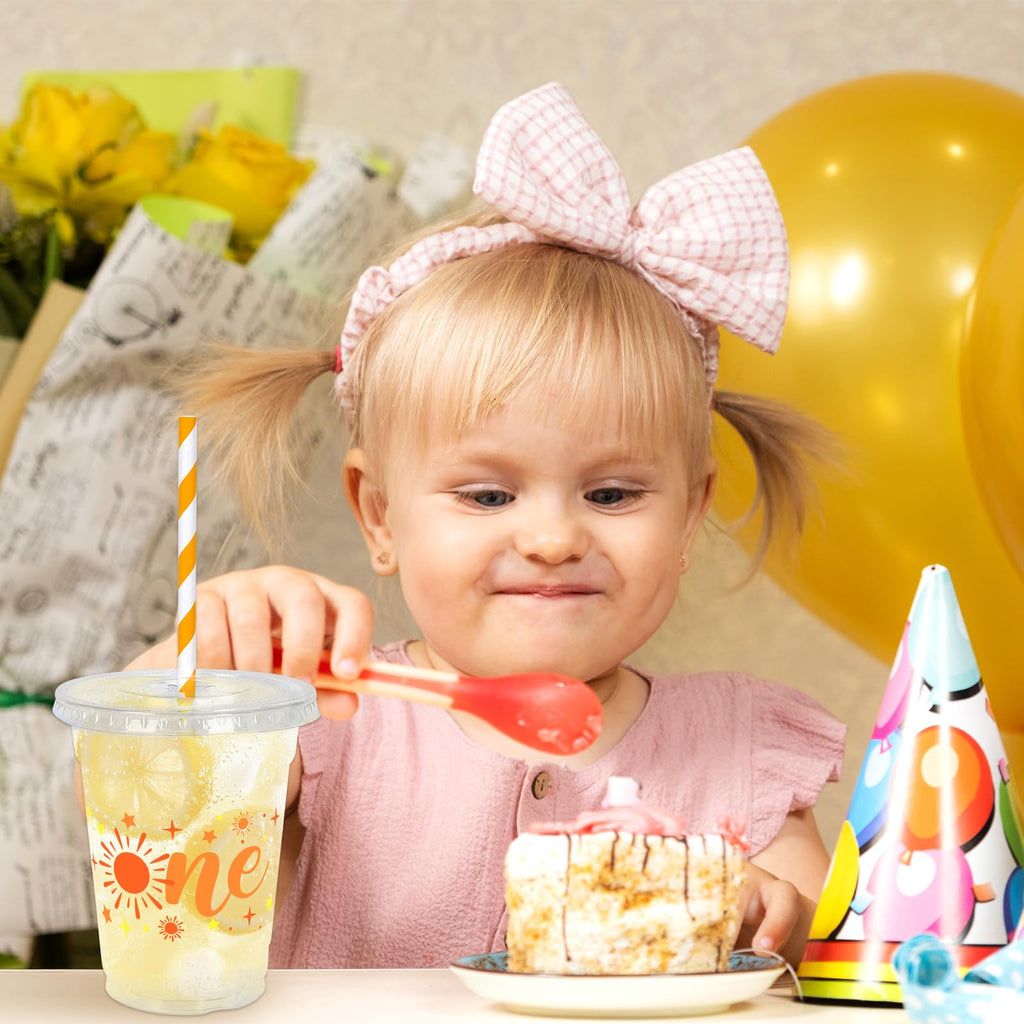 Whaline 50Pcs One Sun Disposable Plastic Cups with Lids and Straws 12 oz Boho Sunshine Party Cups Cold Beverage Drinking Cups for First Birthday Baby Shower Party Supplies