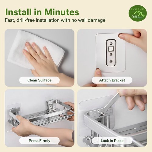 EVALAND Shower Caddy - Adhesive 2-Pack with Hooks & Rod for Towels | Premium Rustproof Bathroom Organizer in Silver