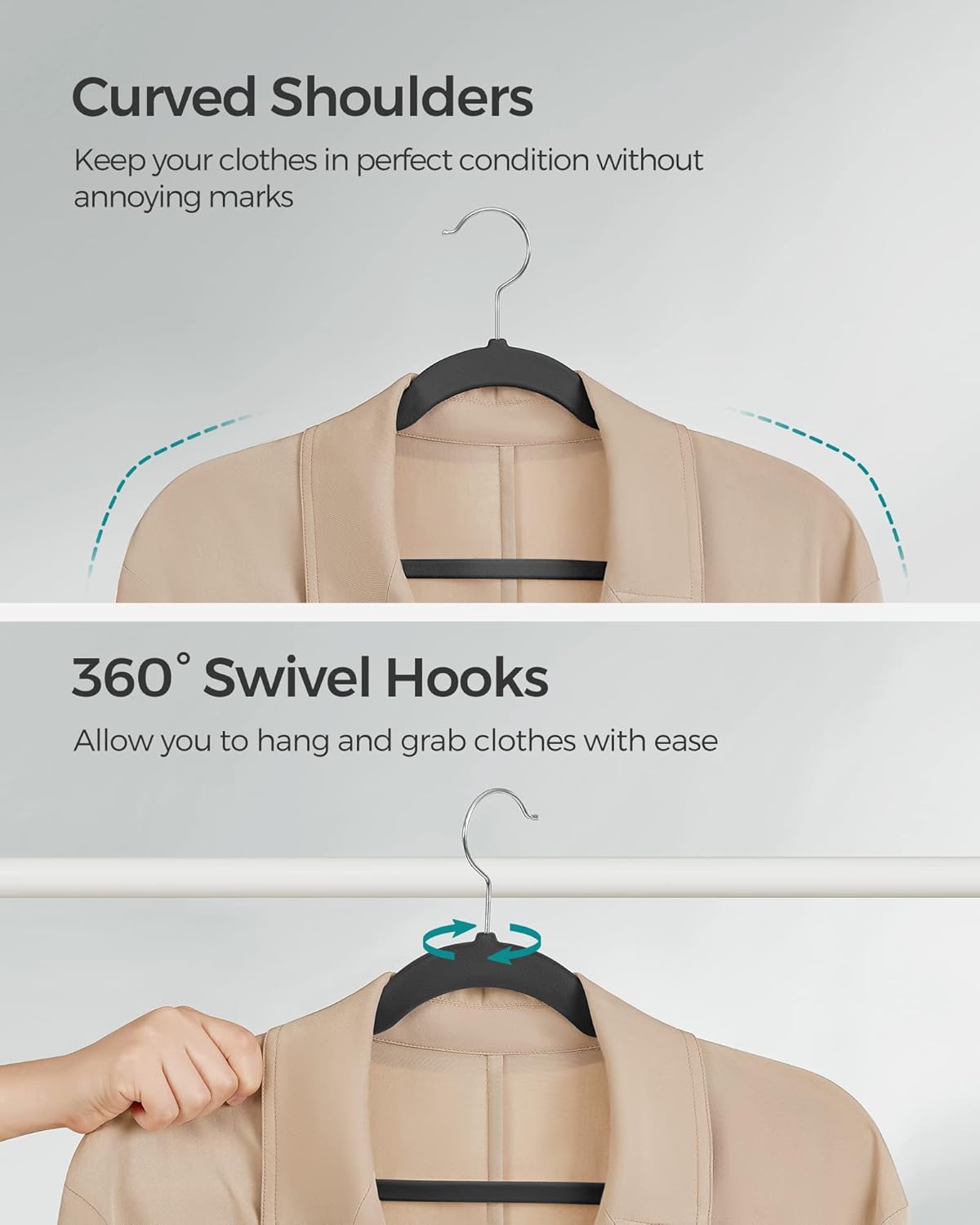 SONGMICS Velvet Hangers - 60 Pack Non-Slip Clothes Hangers with 360° Swivel Hook | Ink Black