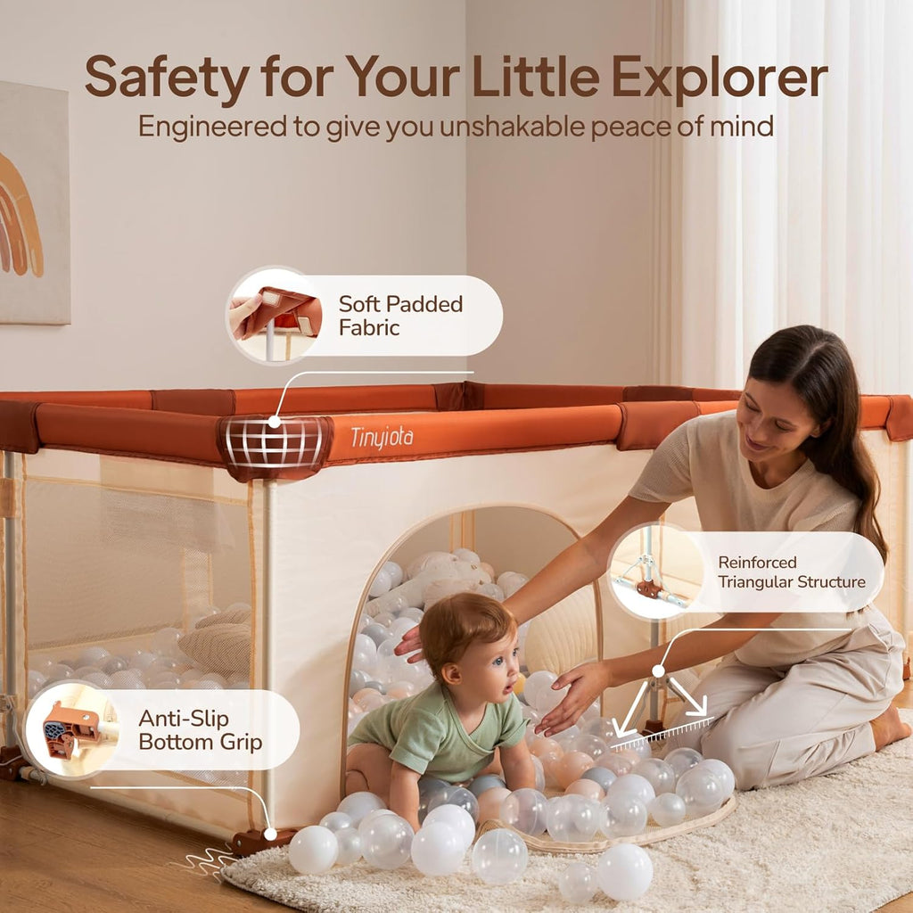 Tinyiota Foldable Baby Playpen - 50x50 Inch Portable Play Yard with Soft Mesh & Storage Bag | Brown