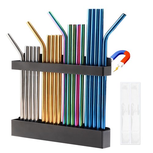 Magnetic Straw Holder for Cabinet Door - Compact Straws Storage Container with Double Sided Adhesive - Drinking Reusable Straws Dispenser for Kitchen Fridge Cupboard