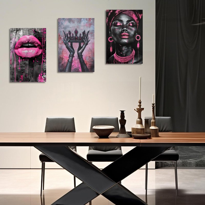 PBXBJY African American Wall Art African Girl Canvas Prints 3 PCS Black Queen with Pink Crown Lips Painting Black Woman Picture Framed Home Office Decor (16.00" x 24.00" x 3PCS)