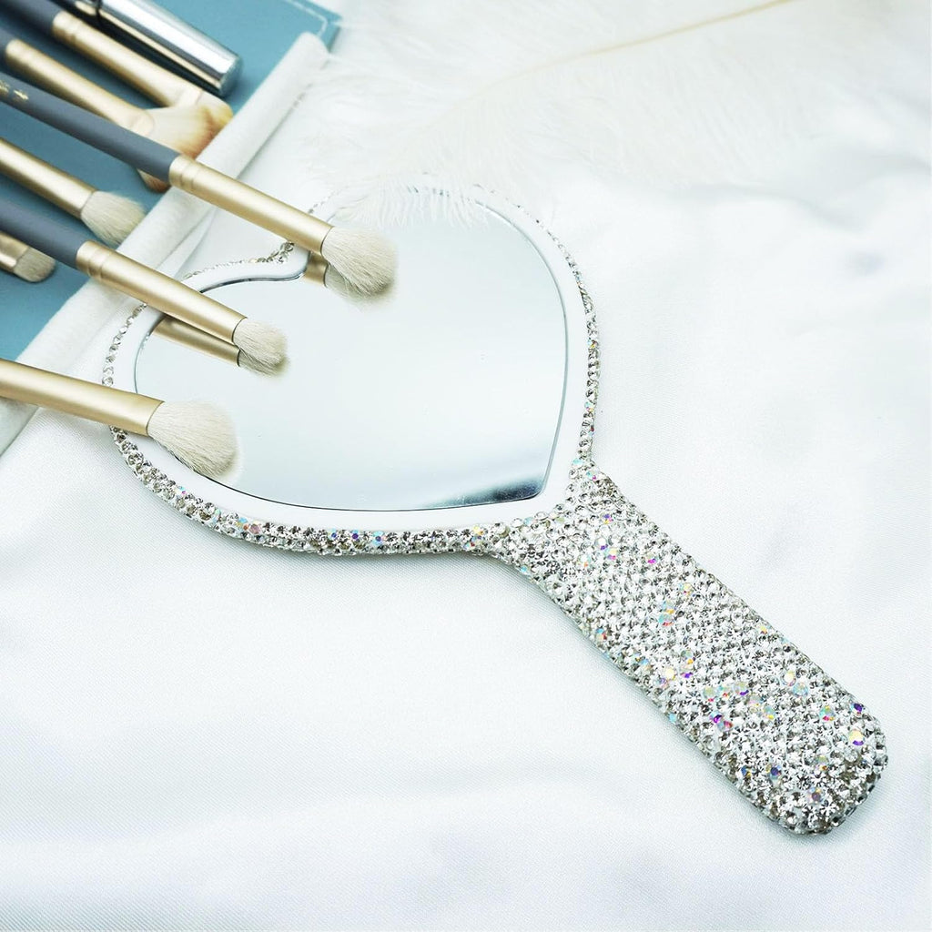 Skiennix Large Rhinestone Handheld Mirror - Dazzling Glitter Design | Portable Heart-Shaped for Weddings