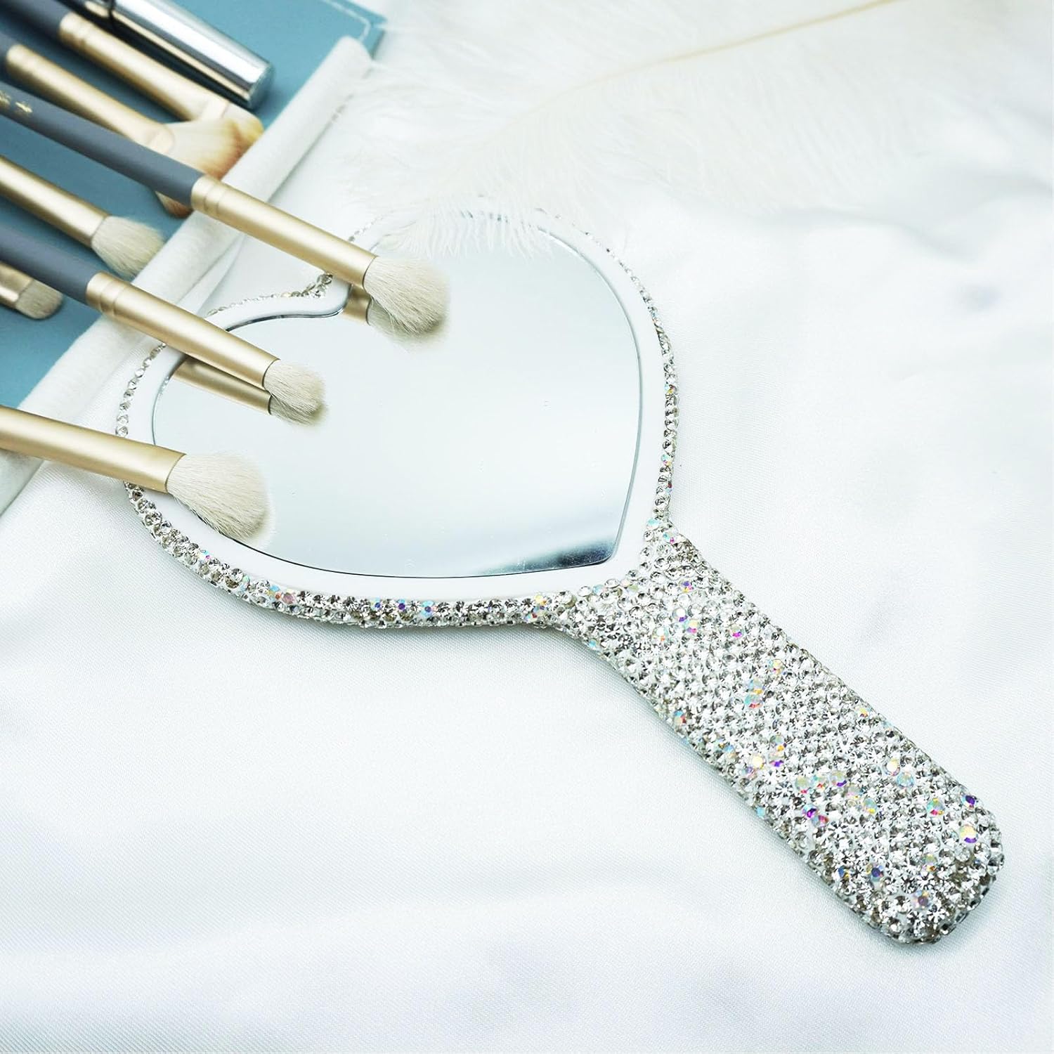 Skiennix Large Rhinestone Handheld Mirror - Dazzling Glitter Design | Portable Heart-Shaped for Weddings
