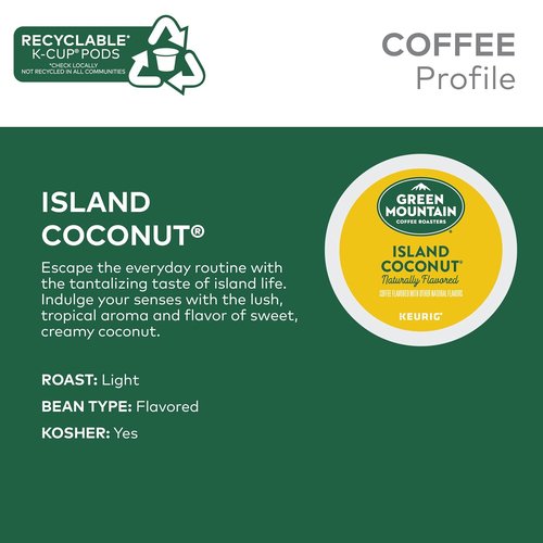 Green Mountain Coffee Roasters Island Coconut K-Cup Pods - Flavored Light Roast Coffee, 72 Count