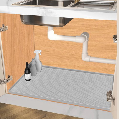 Jacooxi Under Sink Mat 22 x 19, Silicone Under Sink Protector Mat for Kitchen Waterproof, Easy to Clean Bathroom Cabinet Mat Organizers and Storage, Light Grey