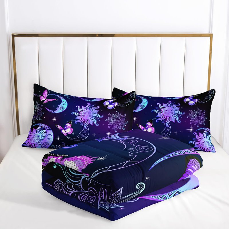 Ntlfup Sun and Moon Comforter Set, Queen Size Butterfly and Star Bedding Set for Girls, 3D Printed Bohemian Gothic Duvet with 2 Pillowcases