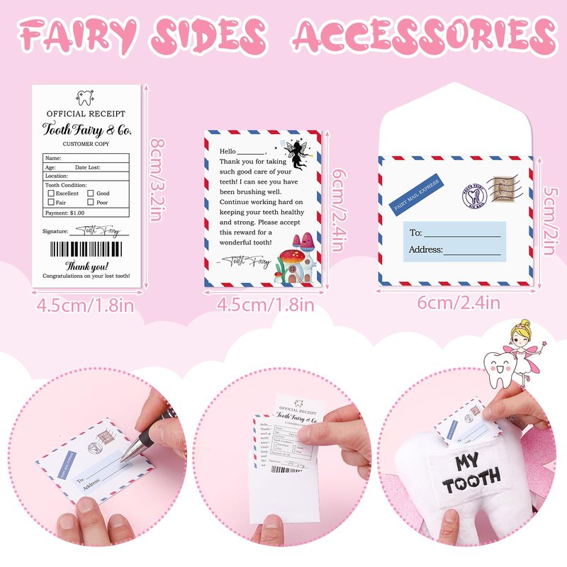 Threehoney Tooth Fairy Pillow Kit Includes Toothfairy Pillow with Pocket Fairy Glitter Receipt Envelope Card, Toothfairy Plush Keepsake Gift for Kids Boys Girls Souvenir (Cute Style)