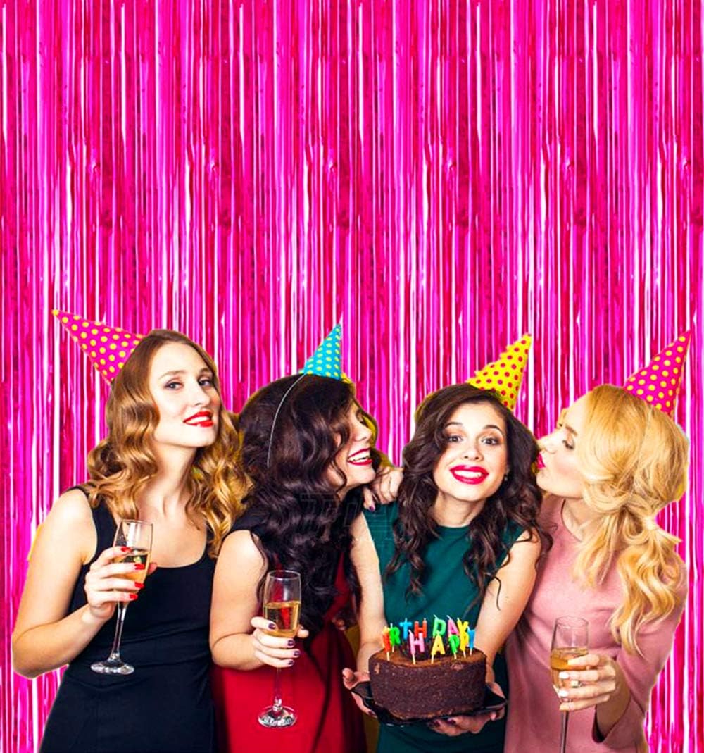Shiny Hot Pink Metallic Tinsel Foil Fringe Curtains | 2 Pcs 3.2ft x 8.2ft Backdrop for Parties & Celebrations