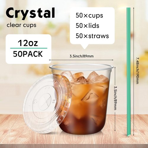Baderke 50 Sets Clear Plastic Cups with Lids and Straws Disposable Plastic Iced Coffee Cups for Cold Beverage Juice Smoothie Coffee and Party Catering (12 oz)
