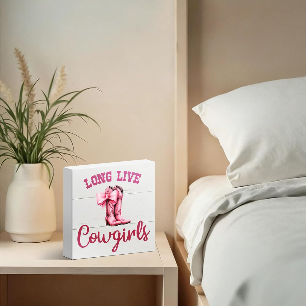 Regine Switzerland Pink Bow Western Cowgirl Decor Sign - Charming 5x5 Inch Wooden Box for Nurseries & Teen Rooms