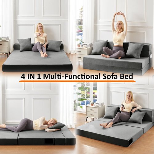 JKMAX Single Size Folding Lazy Sofa Bed - Convertible Floor sofa with Two Large Pockets Lounge Chaise - Memory Foam Floor mattress Foldable for Living Room/Dorm/Guest/Home Office/Apartment (Dark Grey)