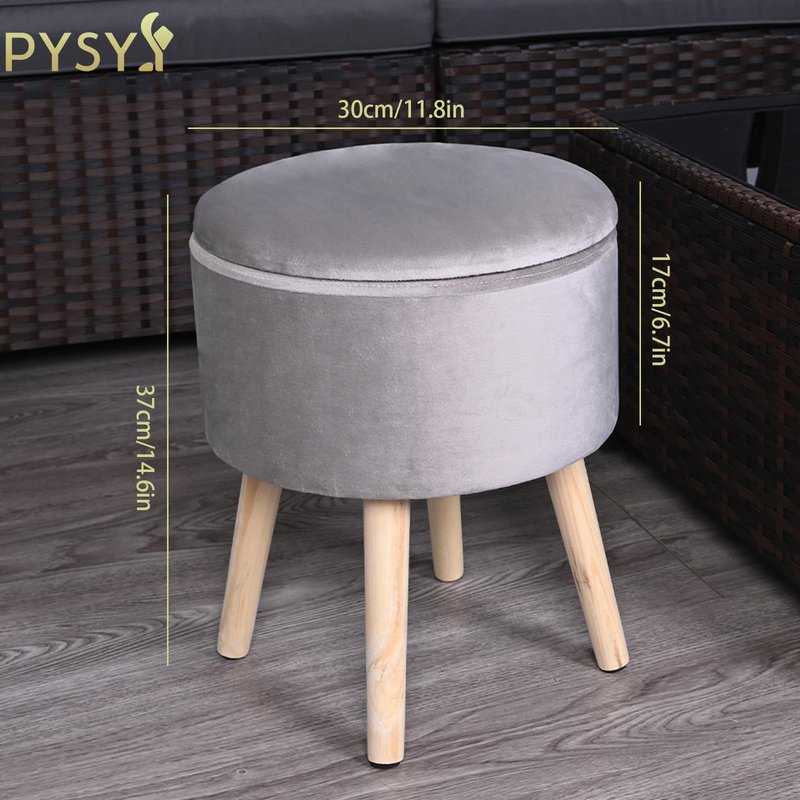 PYSYY Round Gray Velvet Storage Ottoman, Multifunctional Foot Rest with Storage, Modern Foot Stools for Bedroom and Living Room, 11.8" Wx11.8 Dx14.57 H Soft Ottoman
