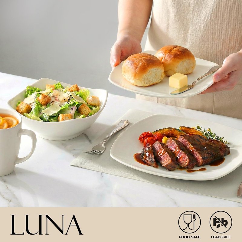 Zulay Kitchen Luna Plates and Bowls Sets, 12 Piece Modern Porcelain Dish Set for 4, Chip and Scratch Resistant Square Dinnerware Set, Microwave and Dishwasher Safe, Pearl White