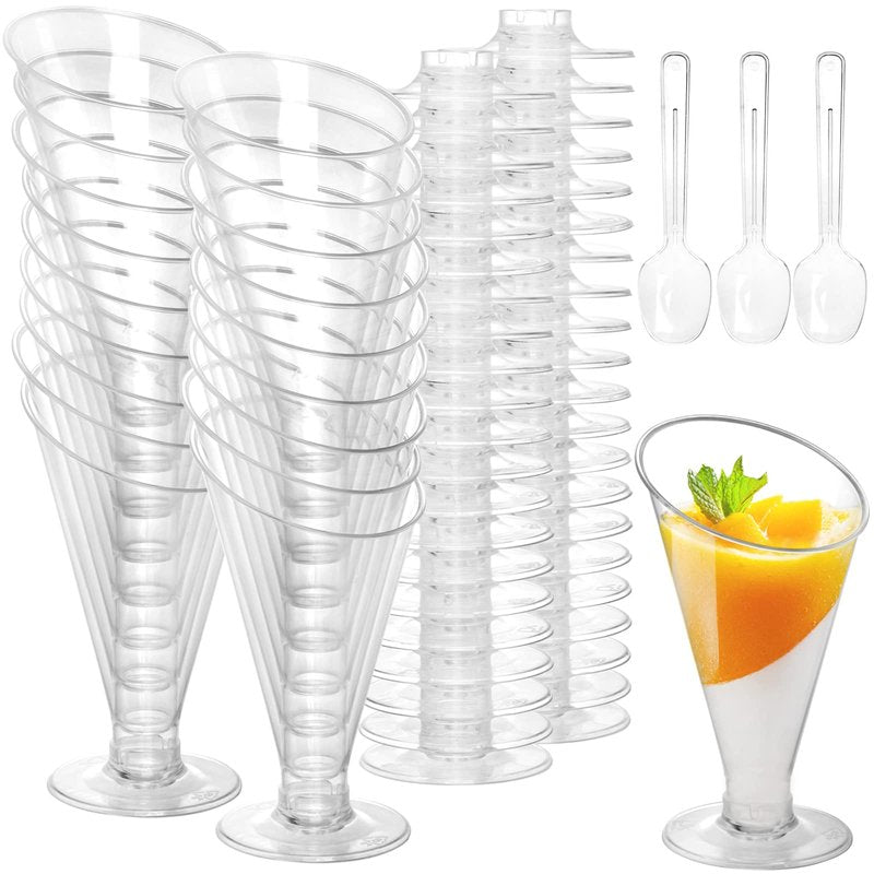 Foraineam 100 Pack Clear Dessert Cups with Spoons, 4 oz Disposable Plastic Champagne Flutes Cocktail Glasses, Reusable Parfait Appetizer Cup Mousse Cups for Home Gatherings, Events, Parties, Weddings