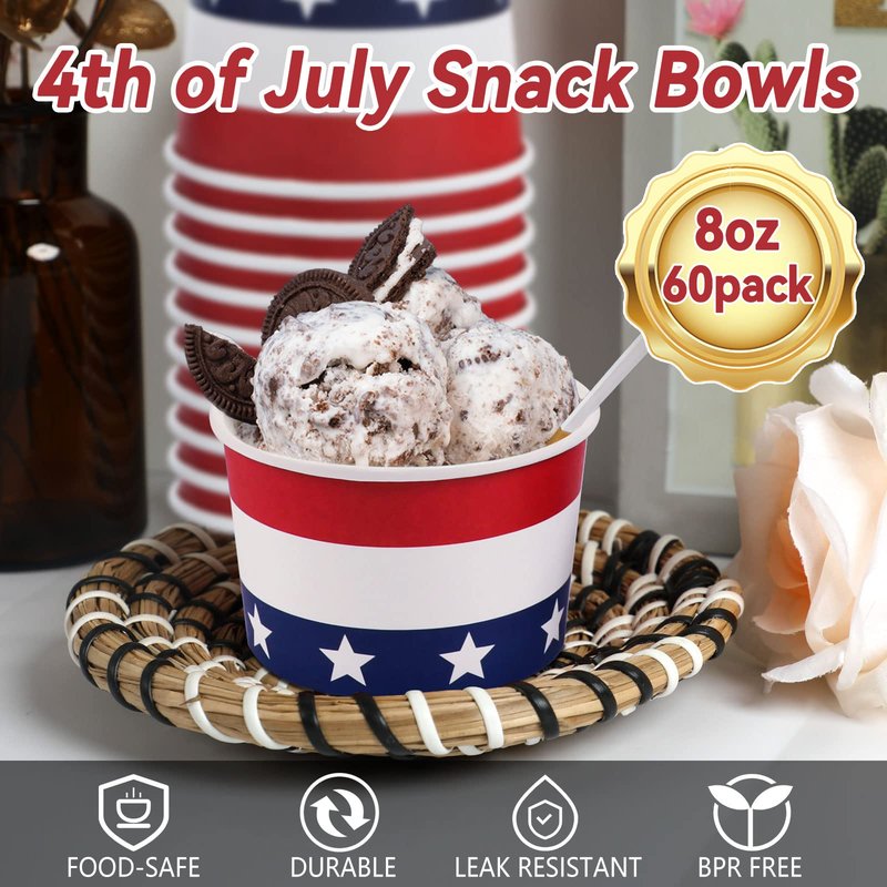 60Pcs 4th of July Independence Day Decorations Snack Cups Bowls Patriotic Disposable Ice Cream Soup Bowls for Picnic Hot or Cold Food, 8oz Veterans Snack Dessert Treat Cups Household Party Supplies