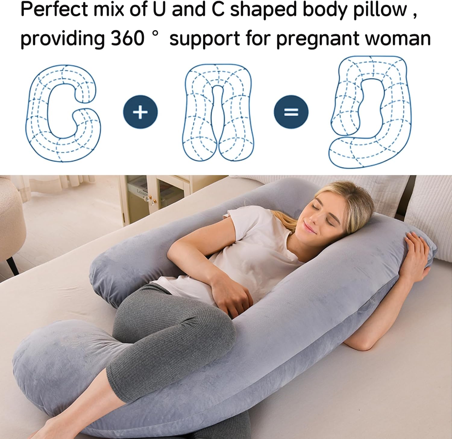 Skiennix U-Shaped Pregnancy Pillow - Full Body Support for Back, Hips & Belly | 65-Inch Velvet Grey Maternity Essential