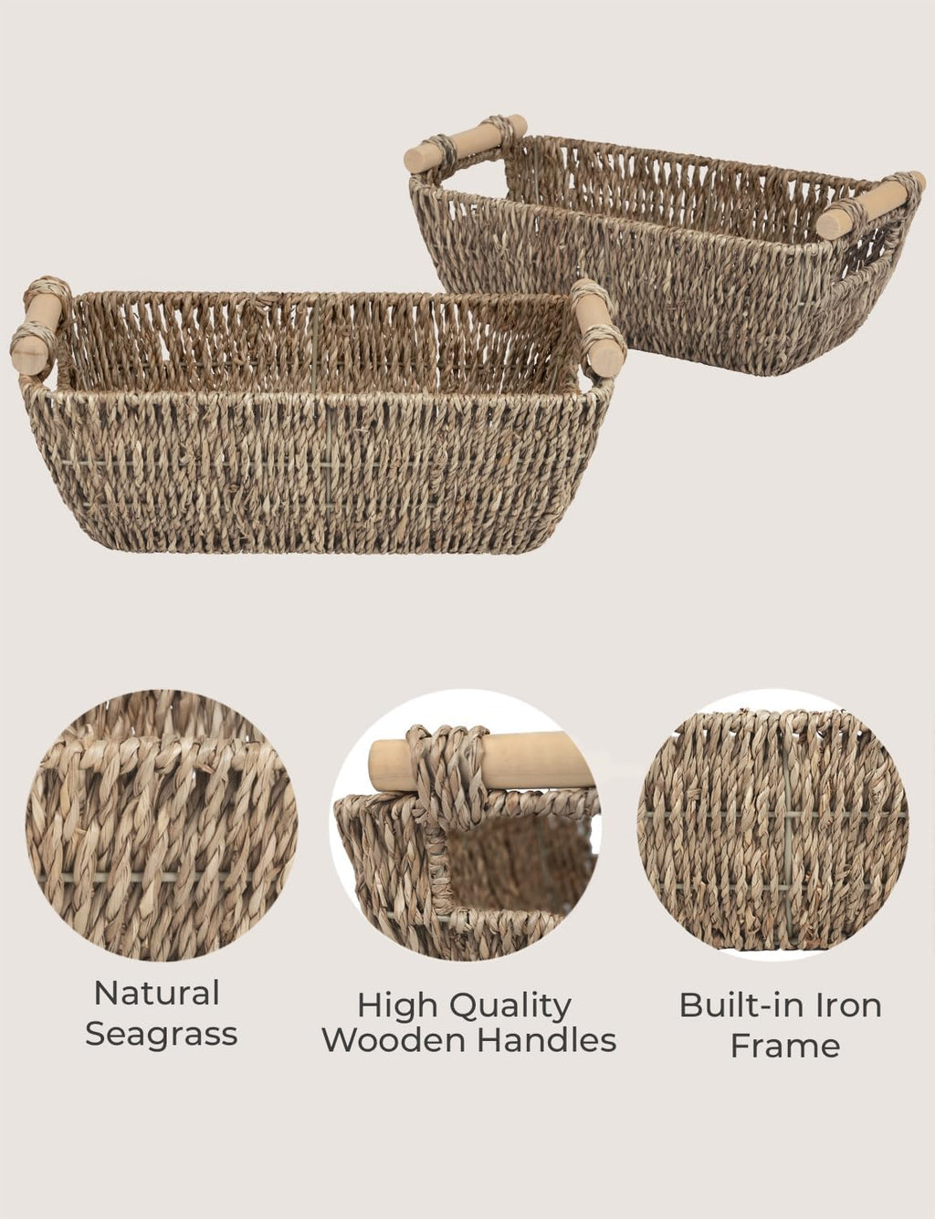 StorageWorks Seagrass Woven Baskets - Small Shelf Storage with Wooden Handles | 2-Pack