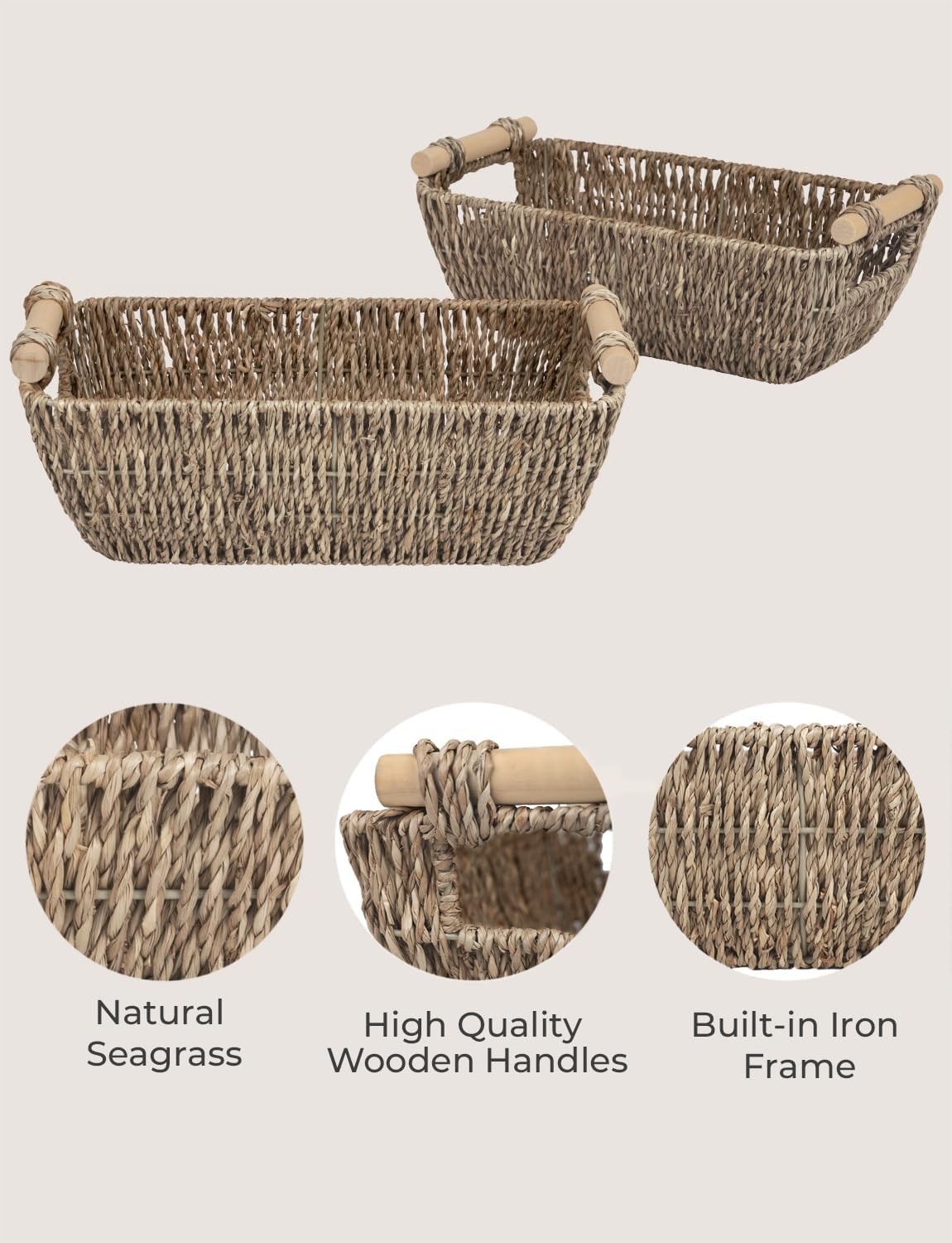StorageWorks Seagrass Woven Baskets - Small Shelf Storage with Wooden Handles | 2-Pack