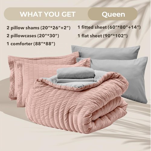 HYMOKEGE Queen Comforter Set - Luxurious 7-Piece Seersucker Bedding in Rose Gold & Light Grey