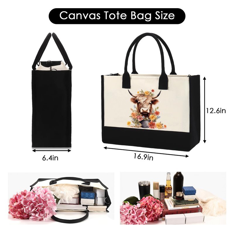 INCOK Highland Cow Gifts Tote Bag - Mother's Day Gift Personalized Highland Cow Canvas Tote Bag with Zipper Aesthetic Floral Reusable Grocery Handbag for Women Cow Lover Mothers Day Travel Beach Bag
