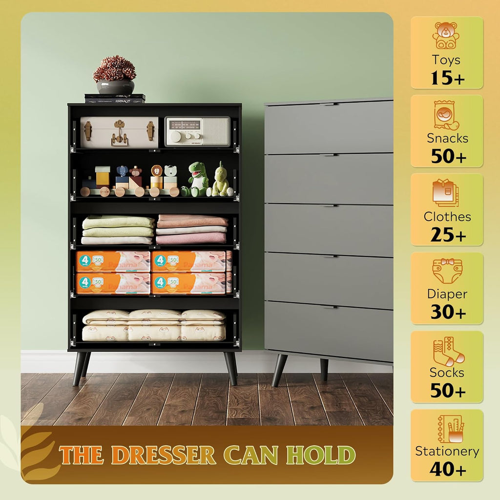 WLIVE 5 Drawer Dresser - Tall Wooden Storage Organizer with Sturdy Metal Handles | Black Chest for Bedroom, Living Room, Hallway