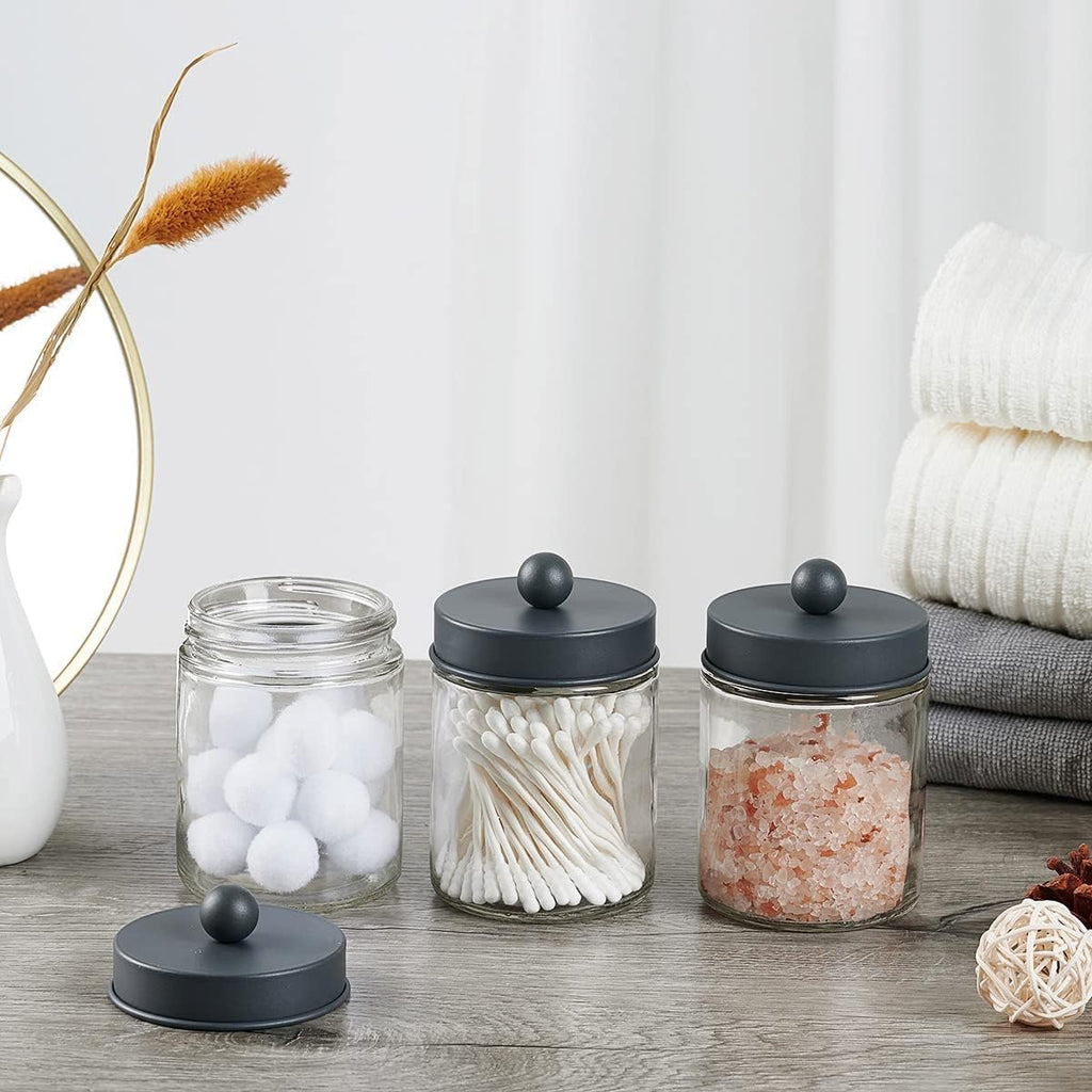 Amolliar Apothecary Jars - Stylish Bathroom Storage Organizer | Glass Canister Set with Lid for Q-Tips, Cotton Swabs & Makeup Accessories - Grey (2 Pack)