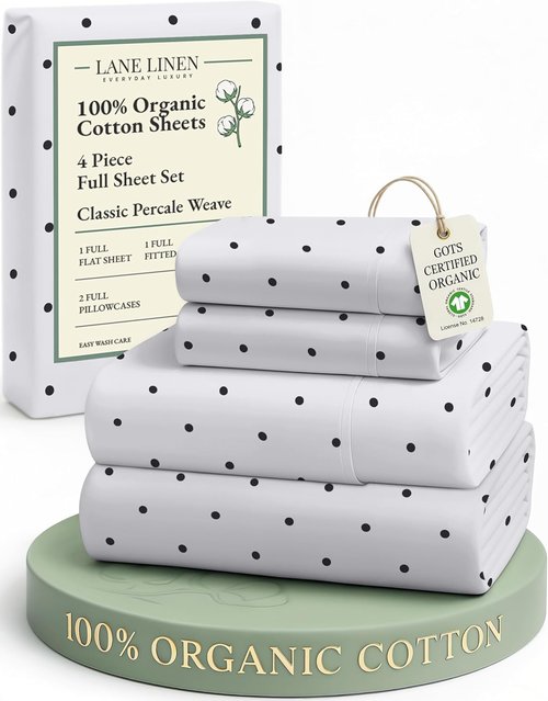 LANE LINEN 100% Organic Cotton Full Sheets Set - Soft, Comfy, Eco-Friendly Percale Bedding | Polka Dot Design