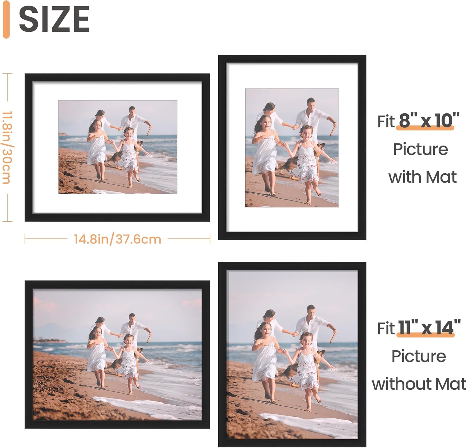 Upsimples 11x14 Picture Frame Set - 6 Pack for 8x10 Photos with Mat or 11x14 Without Mat | Black Wall Decor
