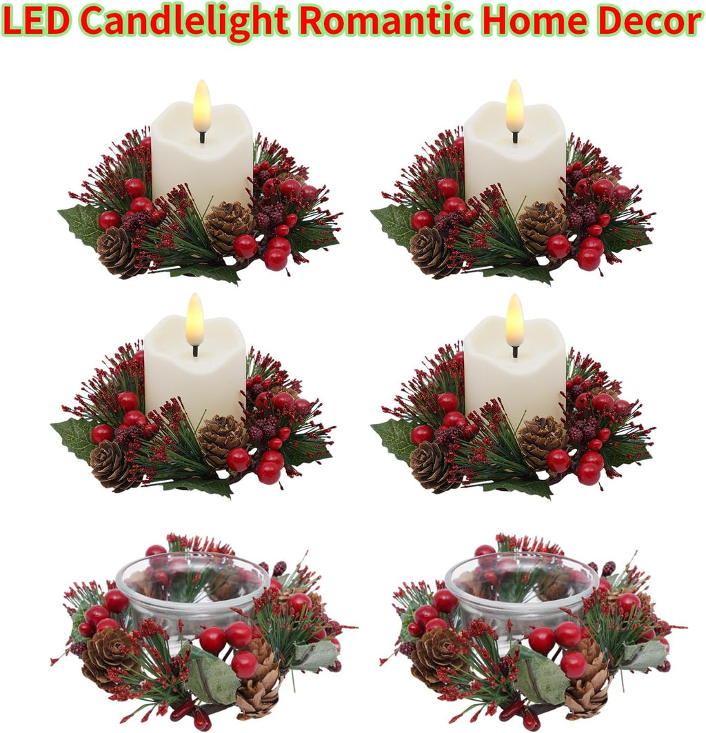Regine Switzerland Candle Rings Set of 6 - Festive Wreaths with Red Berries & Pinecones for Christmas Decor