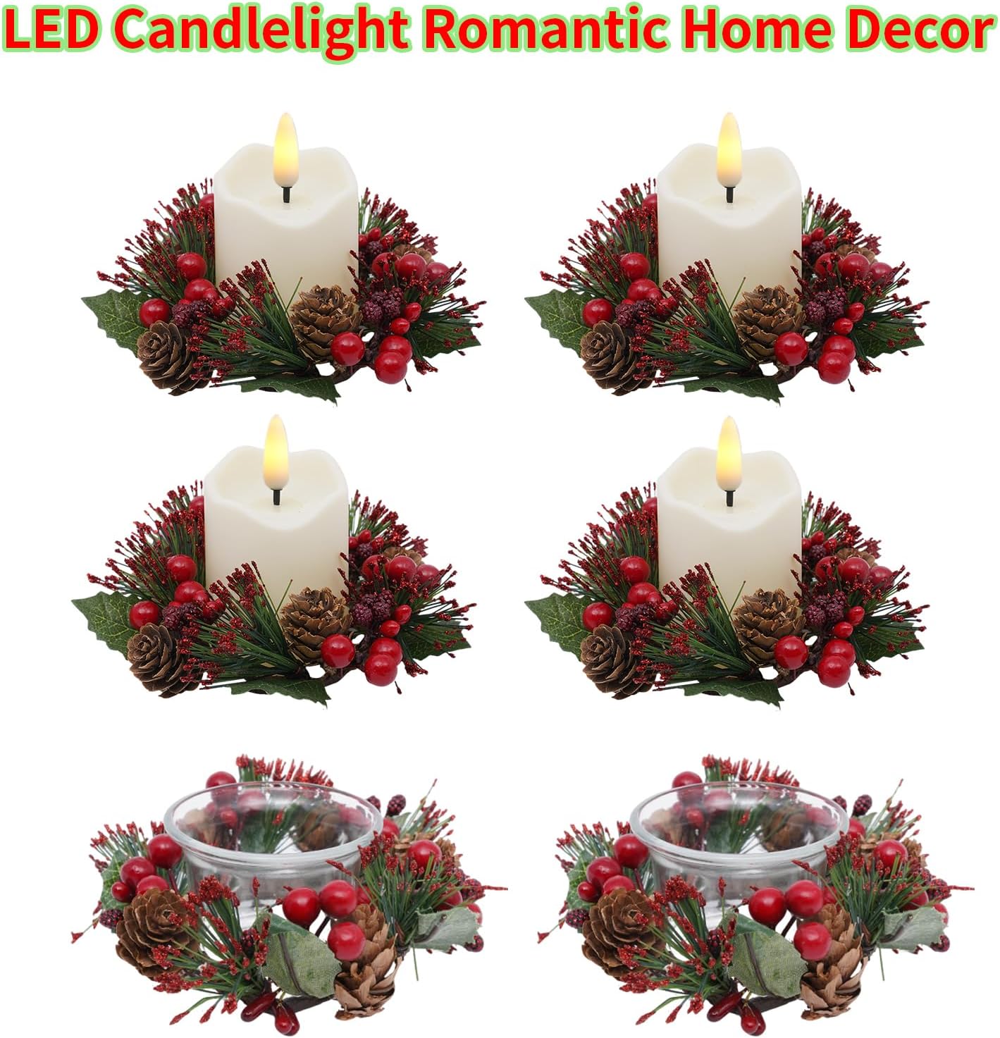 Regine Switzerland Candle Rings Set of 6 - Festive Wreaths with Red Berries & Pinecones for Christmas Decor