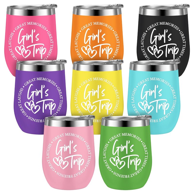 Sliner 8 Pcs Girls Trip Tumbler with Lid 12oz Stainless Steel Girls Travel Cups Beach Wine Mug Bridesmaids Gift for Friend Besties Wedding Bachelorette Vacation Cruise Party Favors
