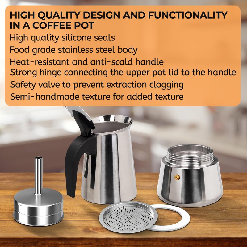 Mogrecha 6 Cup 300ml Moka Pot Stainless Steel Espresso Coffee Maker Stovetop Coffeemaker Italian Classic Style Brewing Greca Cafe Mocha Machine for Cafeteras Lover Camping Travel and Home Use 10oz