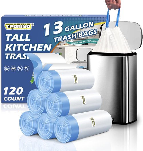 13 Gallon Trash Bags - Drawstring White Garbage Bags | 120 Count, 1.7 Mil Thick, Tear-Resistant